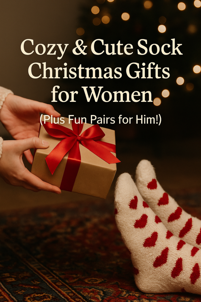 ChatGPT Image Dec 10 2025 12_06_25 PM - All Star Elegance Woman wearing fuzzy white socks with red hearts, relaxing by a Christmas tree while receiving a small gift box with a red ribbon, promoting cozy sock gift ideas.