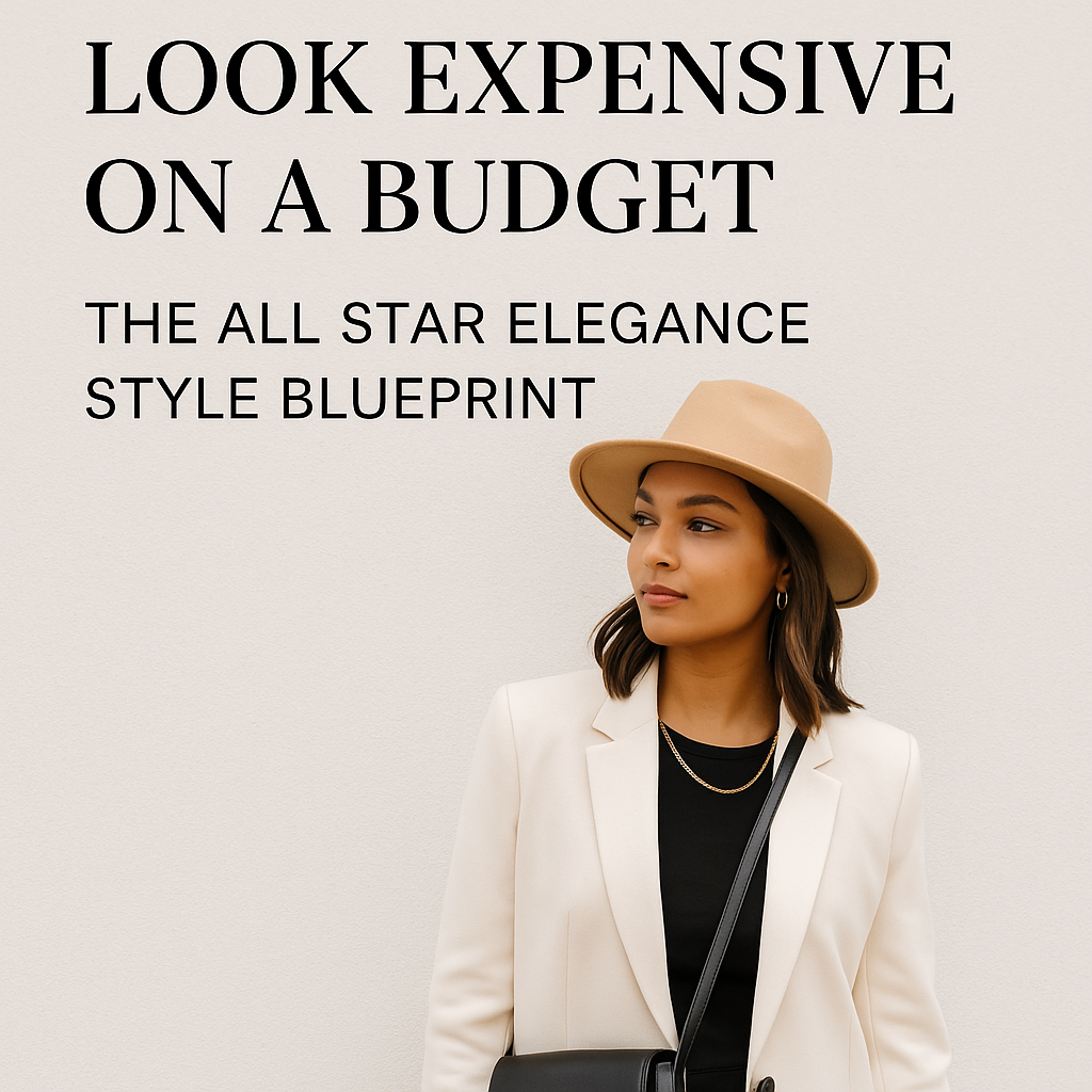 How to Look Expensive on a Budget – All Star Elegance Style Blueprint - All Star Elegance A chic woman in a camel hat and cream blazer standing against a neutral wall with the text “Look Expensive on a Budget – The All Star Elegance Style Blueprint.”