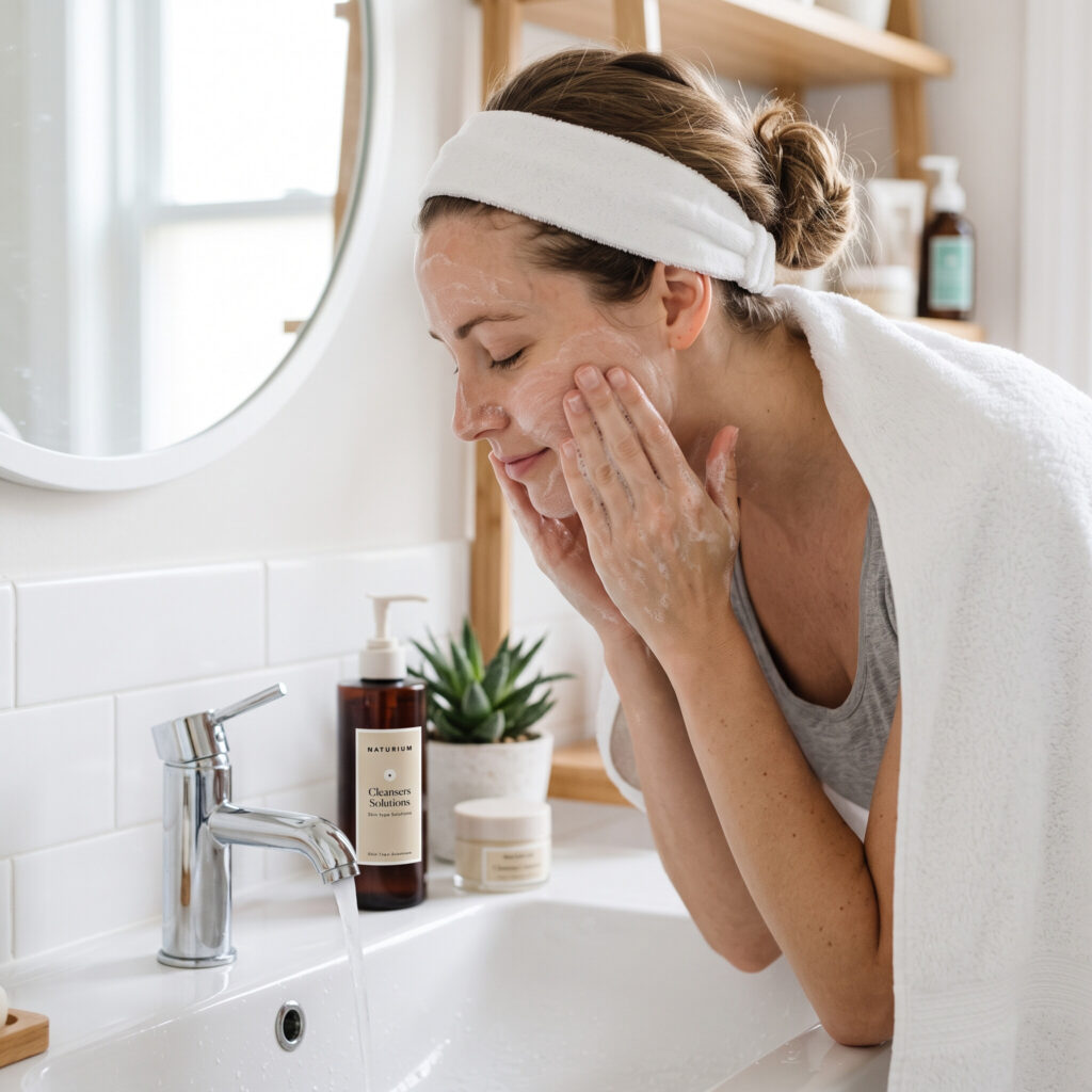 Woman washing her face with Naturium cleanser foam at a bright bathroom sink