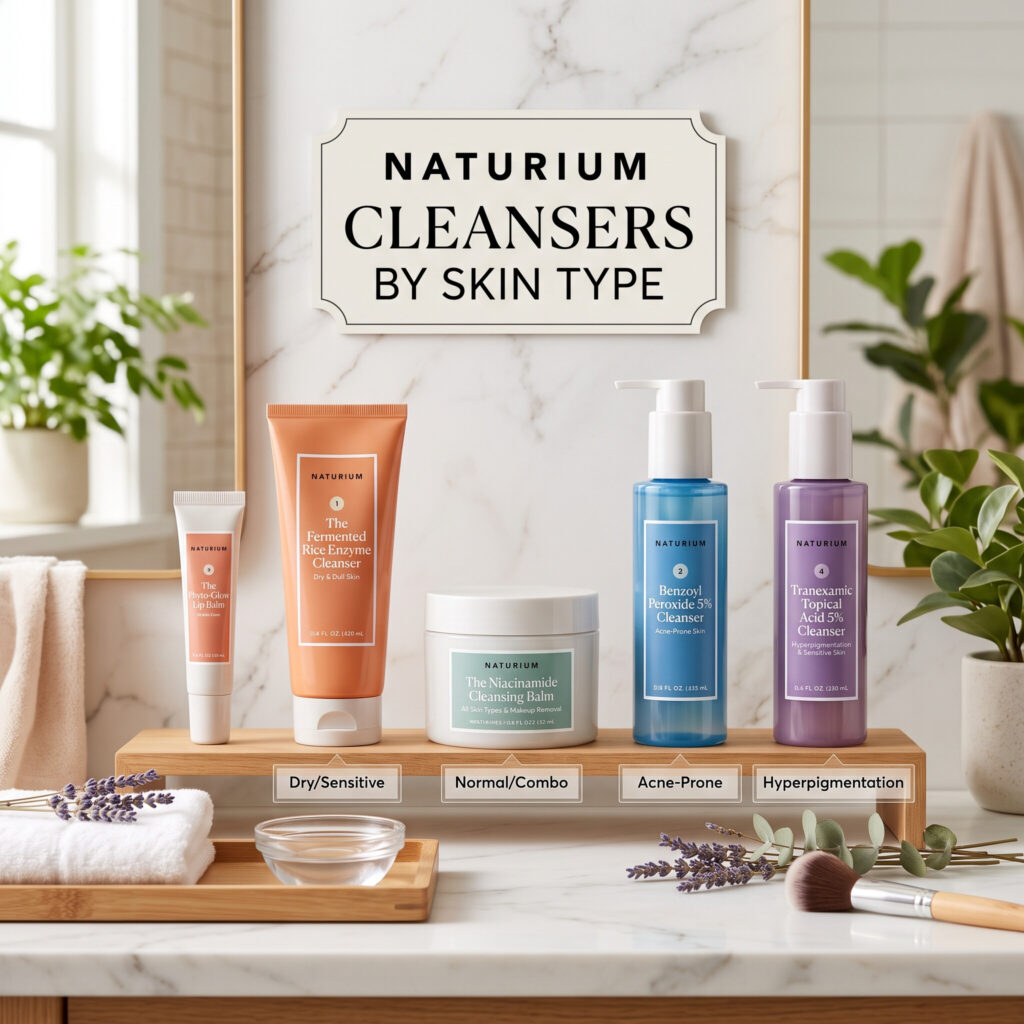 Naturium cleansers grouped by skin type — dry, normal/combo, acne-prone, and hyperpigmentation