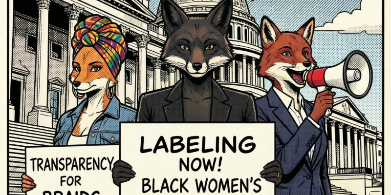 Comic-style image of three cartoon animal advocates at the U.S. Capitol calling for labeling and transparency in Black women’s hair products and braids.