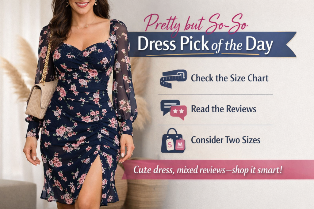 Pretty but so-so dress pick of the day graphic featuring a floral midi dress and fit tips for shopping an affordable dress online