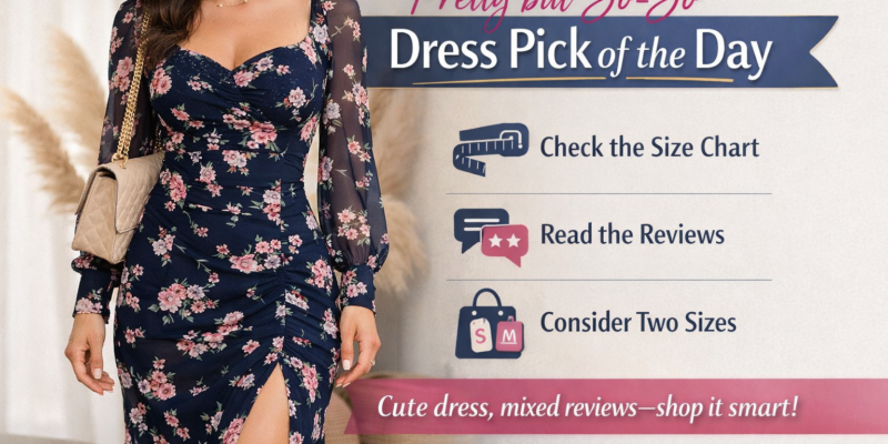 Pretty but so-so dress pick of the day graphic featuring a floral midi dress and fit tips for shopping an affordable dress online