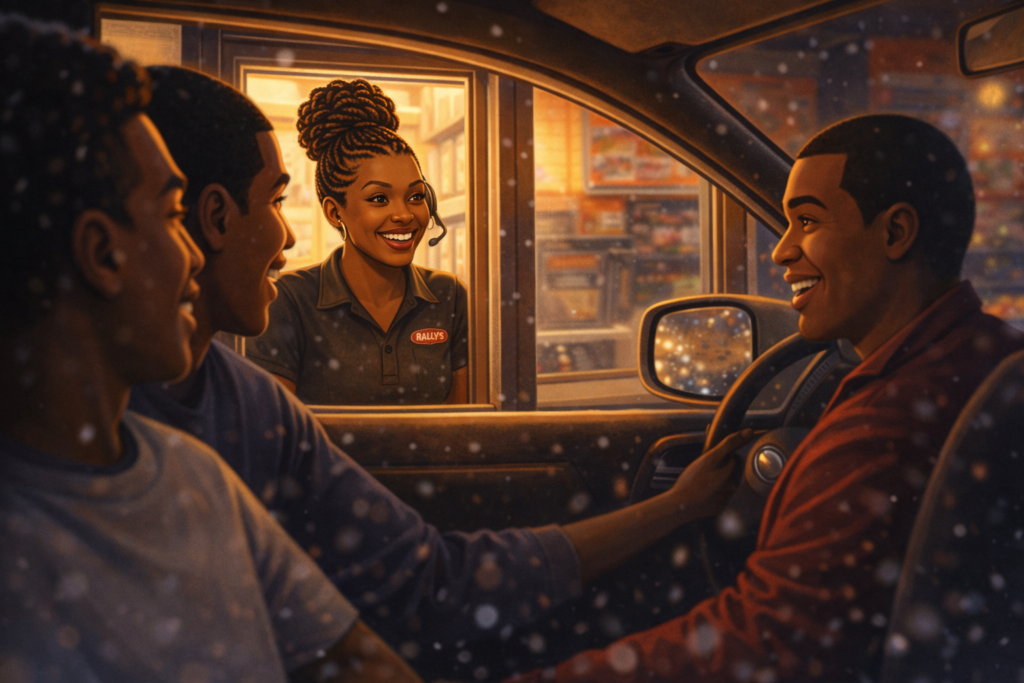 Smiling fast-food worker with a high braided bun talks to three African American friends in a car at a drive-thru window on a snowy night.