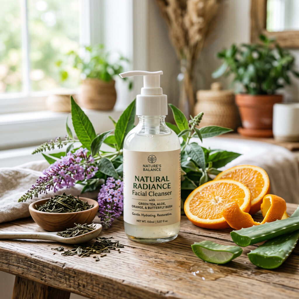 Facial cleanser bottle with green tea, aloe, and orange botanical ingredients on wood table